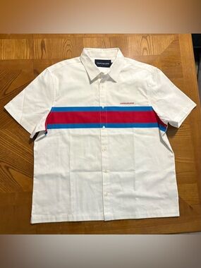 Calvin Klein Jeans White Short-Sleeve Button Shirt with Red & Blue Stripes